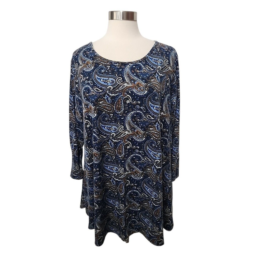 Veranee Womens Tunic Top 3XL Blue Paisley Pullover Stretch Knit Long Sleeve